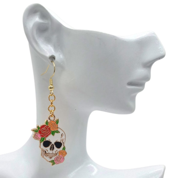 Skull & Roses Dangle Earrings | Gothic Witchy Halloween Jewelry - Picture 2 of 4